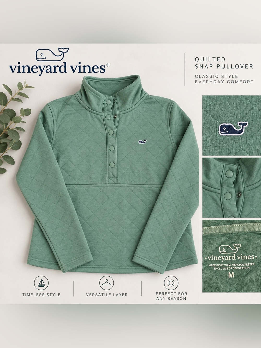 Women’s Vineyard Vines Quilted Snap Pullover Green/Medium